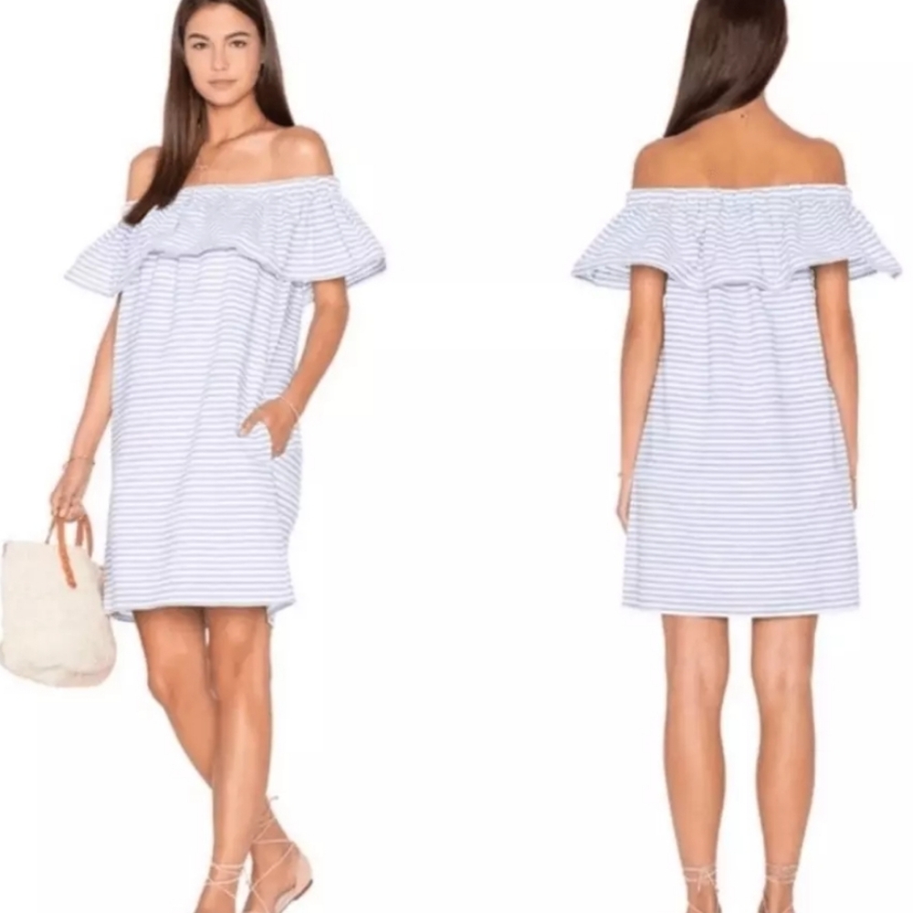 Line & Dot Off Shoulder Blue Stripe Ruffle Dress NWT Size Small Coastal Hamptons